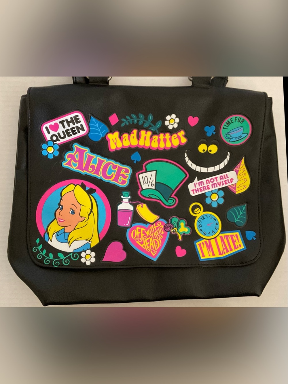 Alice-Inspired Loungefly Disney Black Sticker Tote Bag - Mad Hatter Graphics